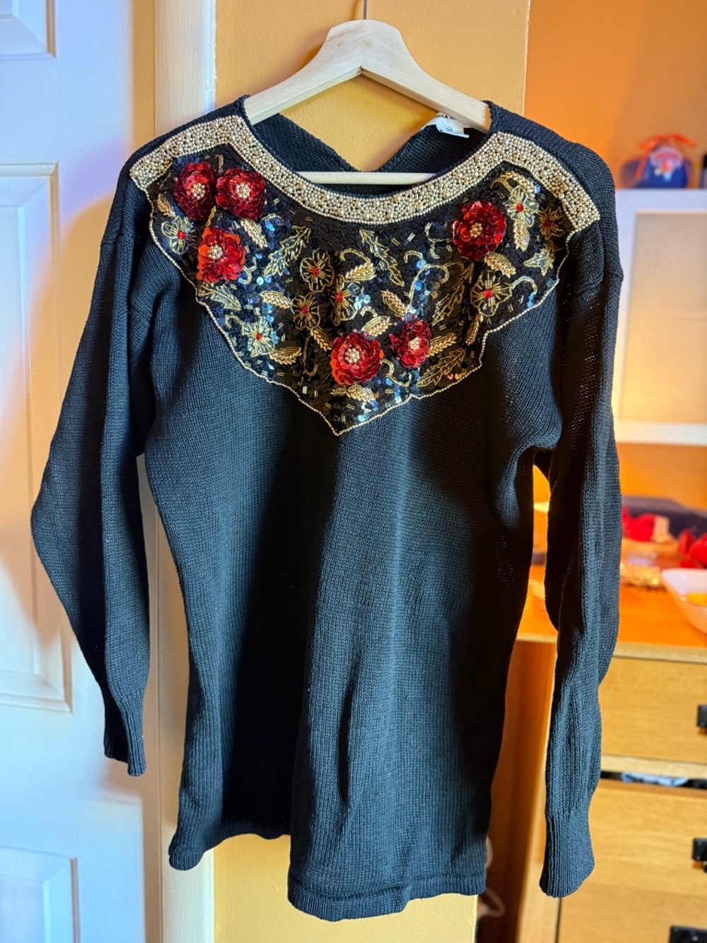 Black Embellished Crew Neck Sweater with Red Floral Appliqué